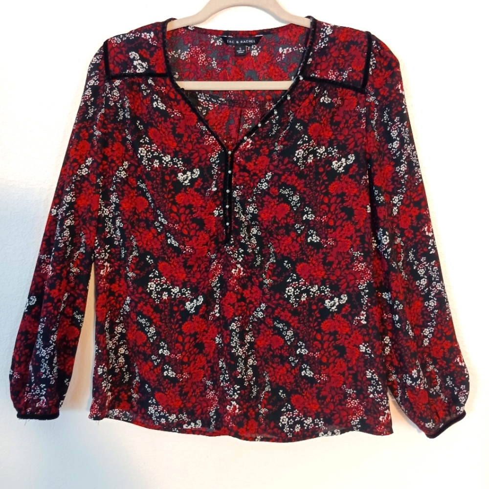 Zac & Rachel Blouse Women's Size S Long‎ Sleeve Red & Black Top V-Neck Oversize